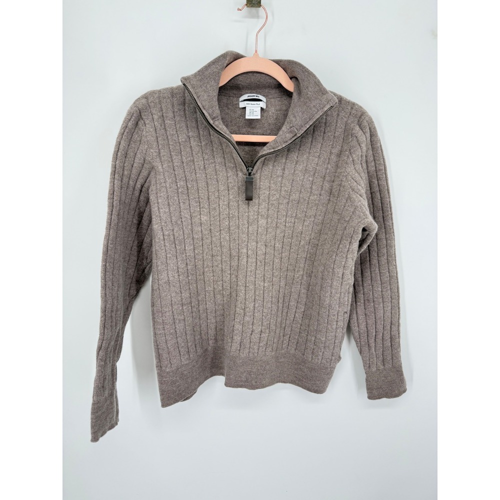 Jason Wu Sweater Women XL Taupe Brown 100% Merino Wool Ribbed Quarter Zip Knit